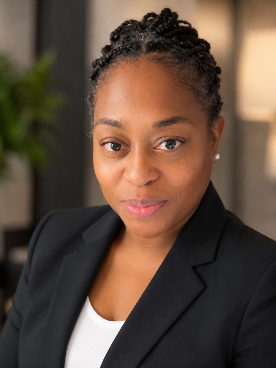 Queen M. Broussard in a black blazer